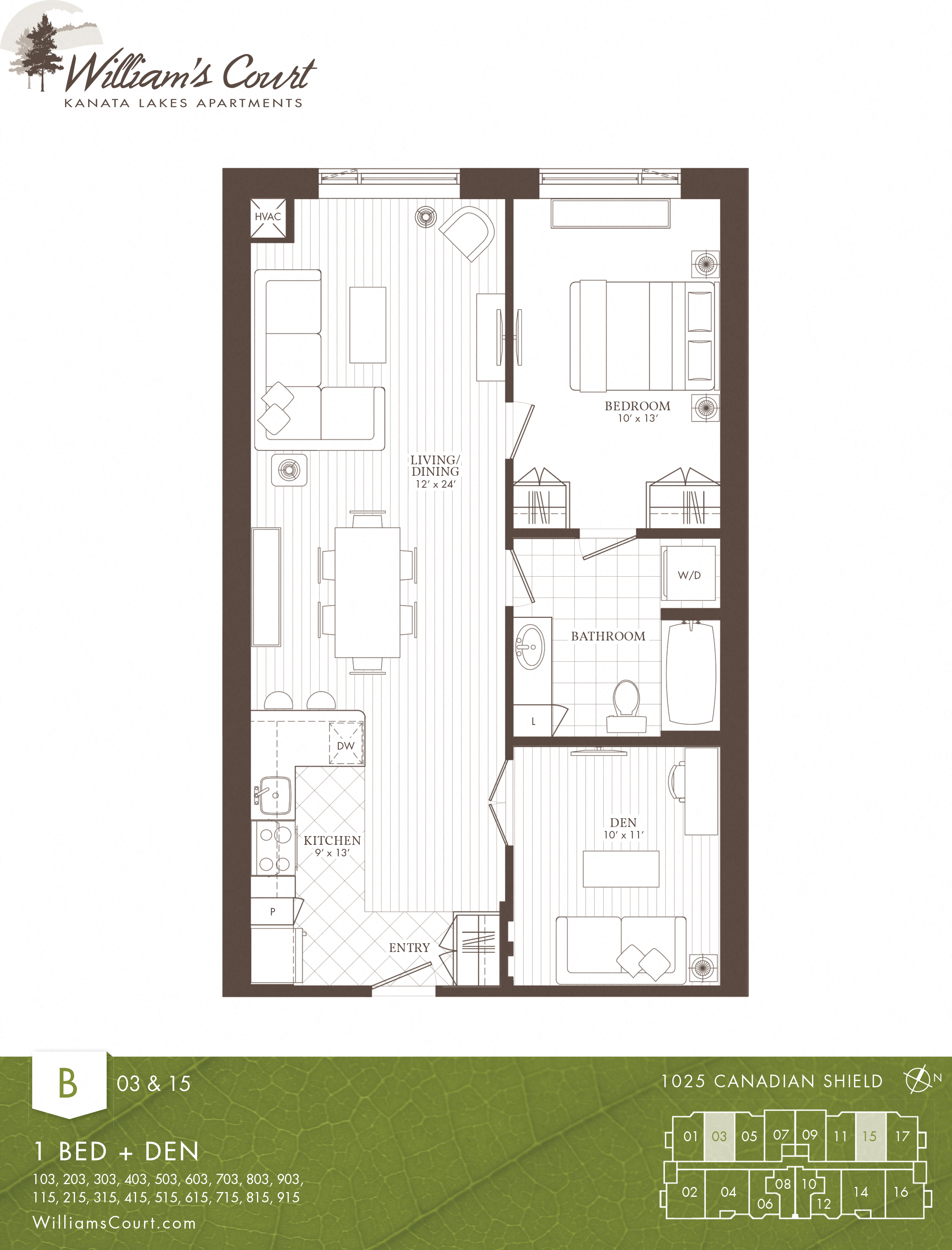 Floor plan for 1 bed, 1 bath, 878 sqft