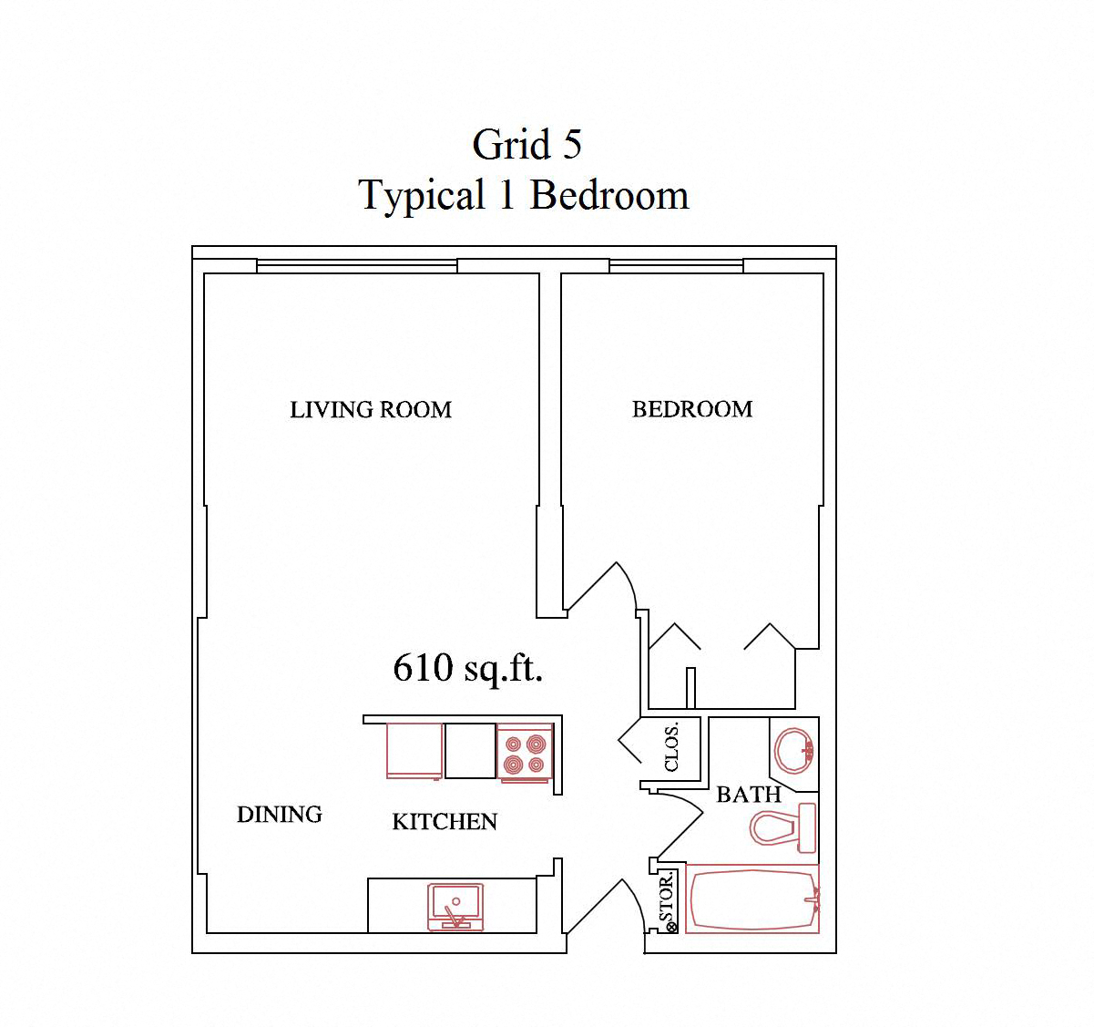 Floor plan for 1 bed, 1 bath, 640 sqft