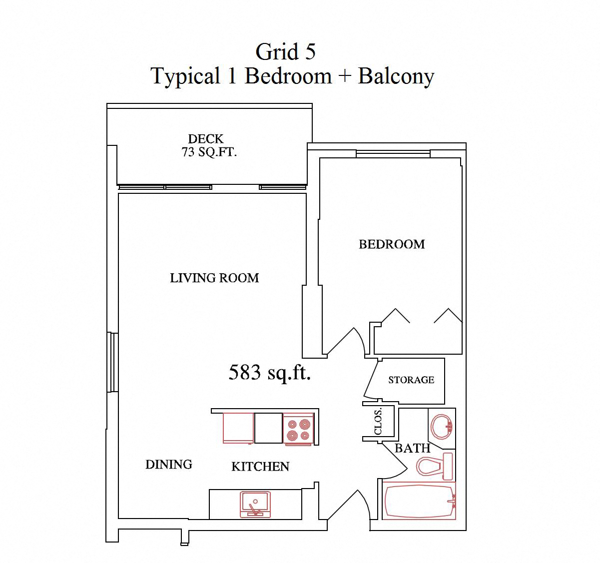 Floor plan for 1 bed, 1 bath, 640 sqft