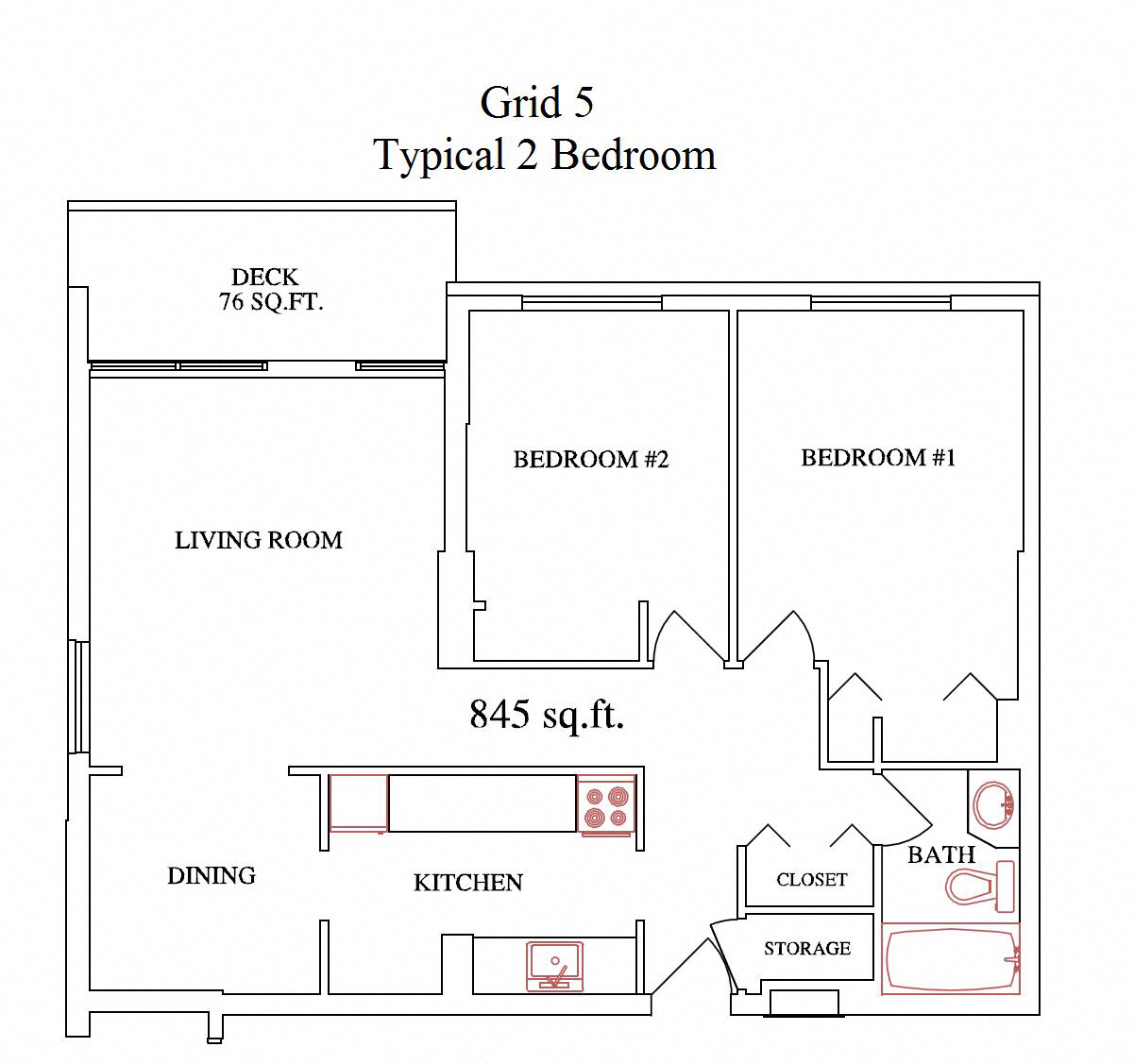 Floor plan for 2 beds, 1 bath, 850 sqft