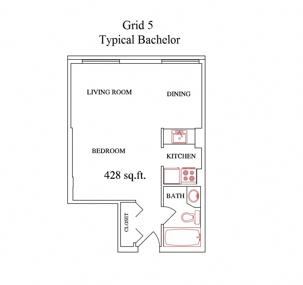Floor plan for studio, 1 bath, 470 sqft