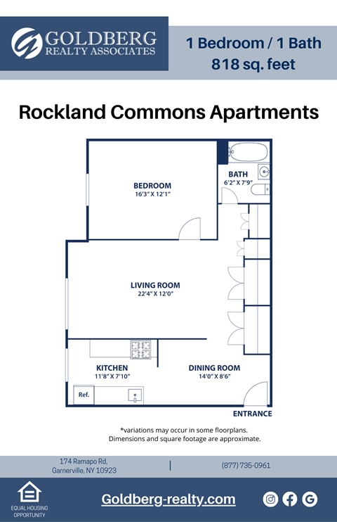 Floor plan for 1 bed, 1 bath, 818 sqft