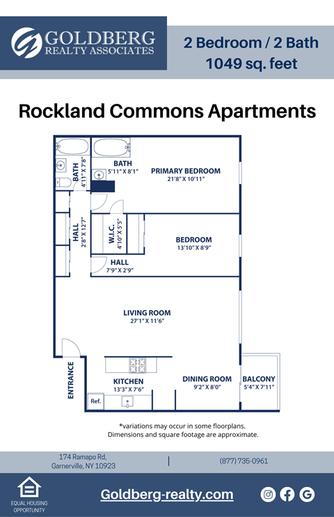 Floor plan for 2 beds, 1 bath, 1049 sqft