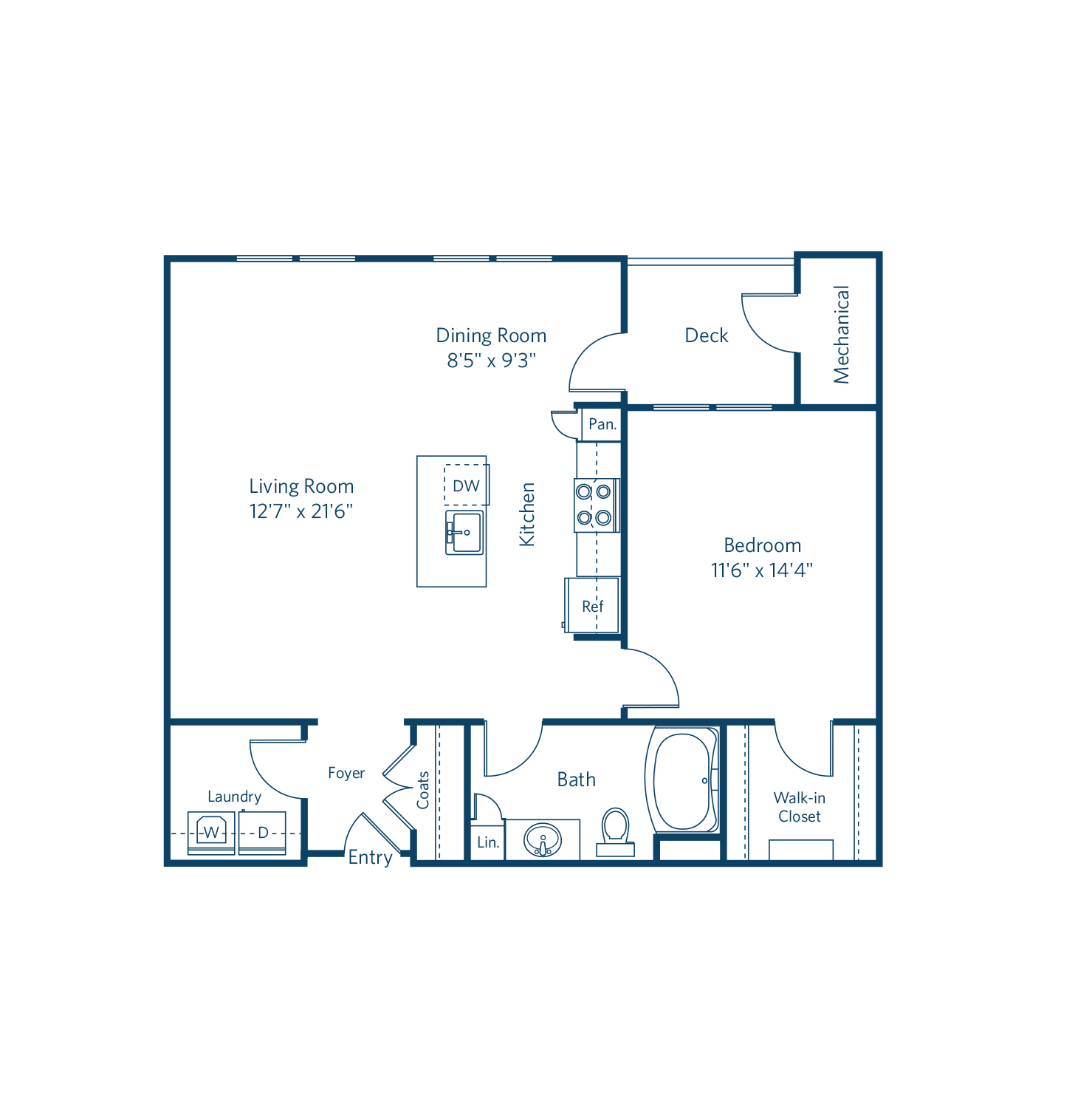Floor plan for 1 bed, 1 bath, 894 sqft
