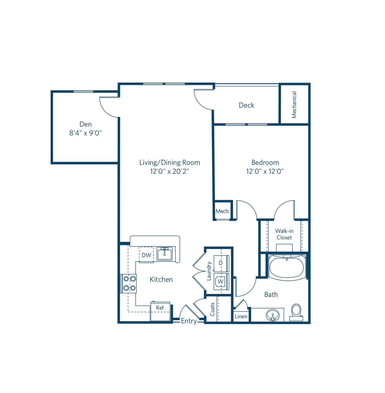 Floor plan for 1 bed, 1 bath, 808 sqft