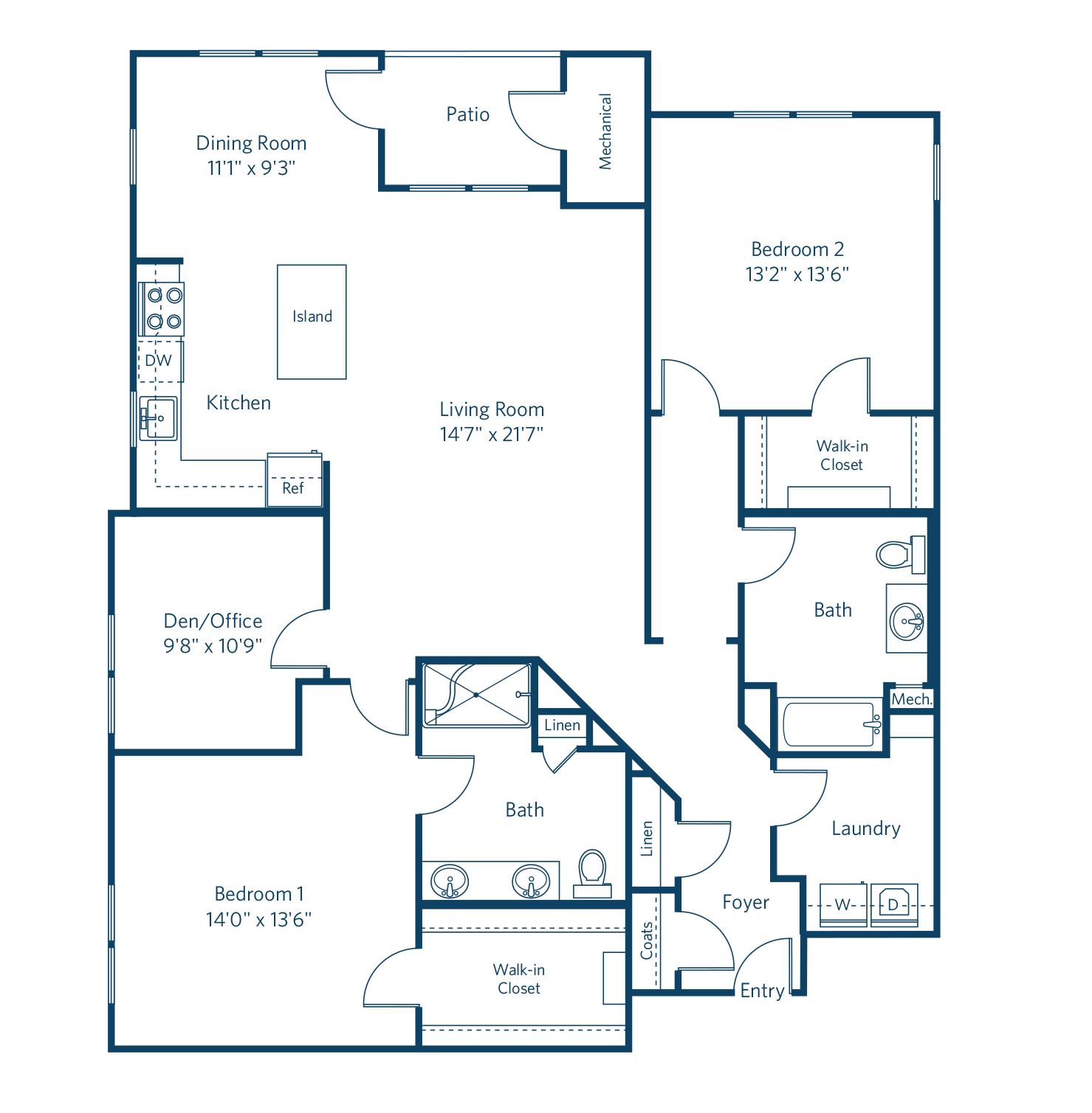 Floor plan for 2 beds, 2 baths, 1638 sqft