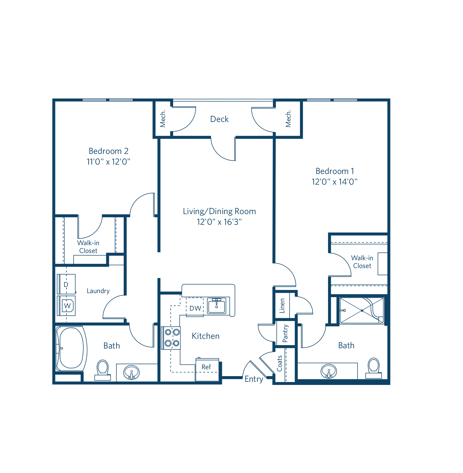 Floor plan for 2 beds, 2 baths, 1067 sqft