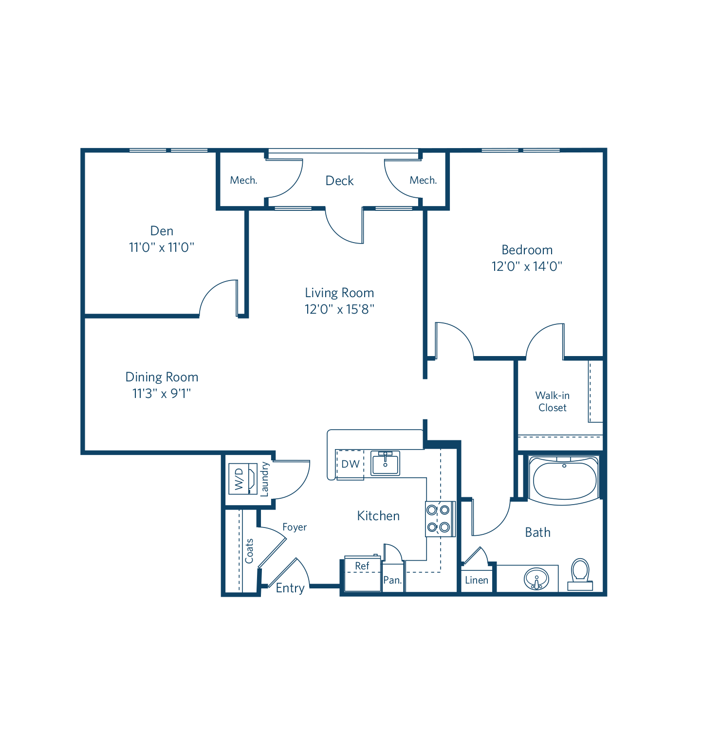 Floor plan for 1 bed, 1 bath, 971 sqft