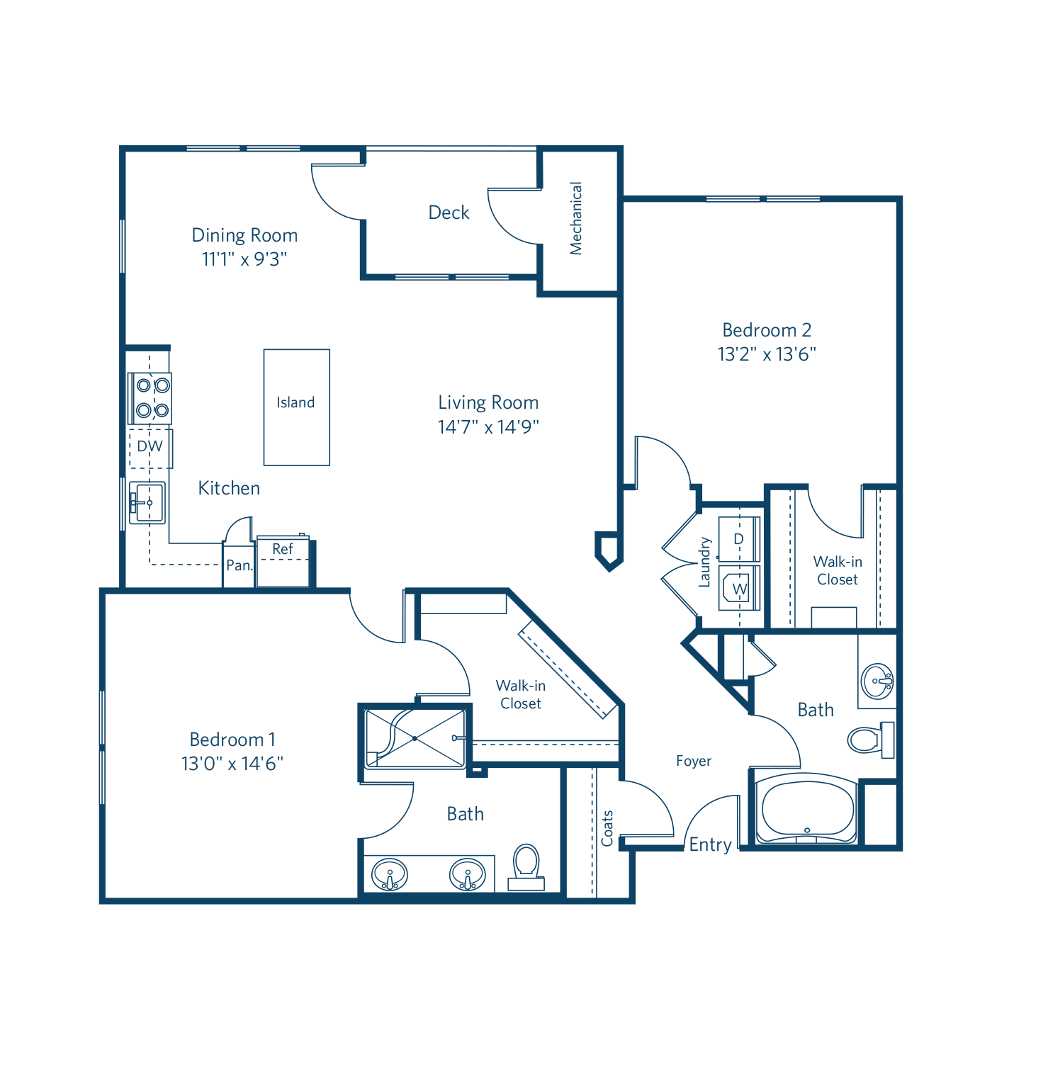 Floor plan for 2 beds, 2 baths, 1268 sqft