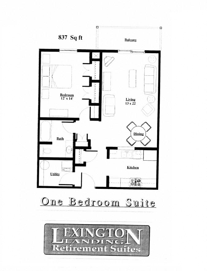 Floor plan for 1 bed, 1 bath, 837 sqft