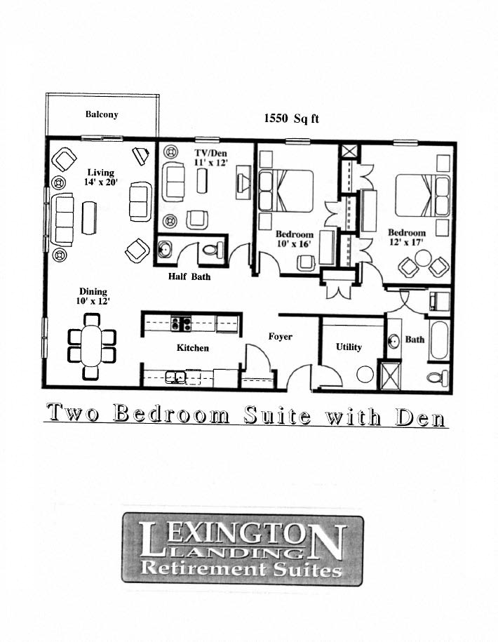 Floor plan for 2 beds, 1.5 baths, 1550 sqft