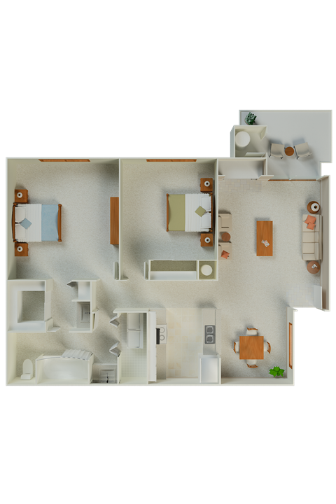Floor plan for 2 beds, 1 bath, 956 sqft