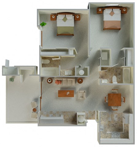 Floor plan for 2 beds, 2 baths, 1035 sqft