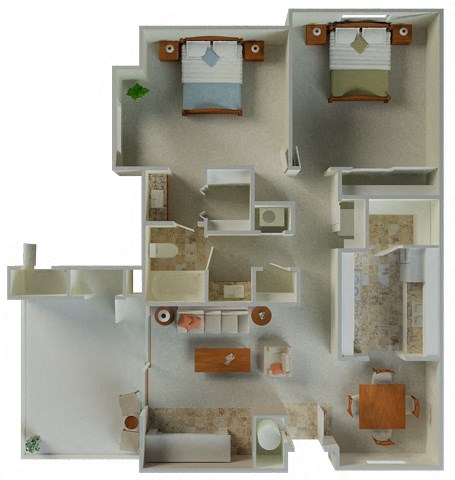 Floor plan for 2 beds, 1 bath, 980 sqft