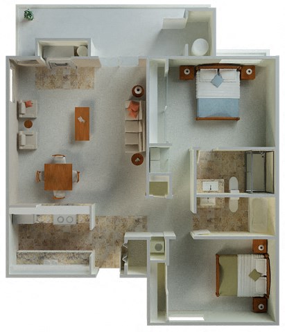 Floor plan for 2 beds, 2 baths, 1042 sqft