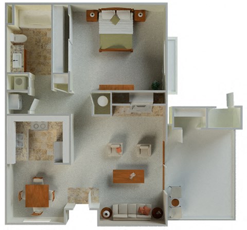 Floor plan for 1 bed, 1 bath, 738 sqft