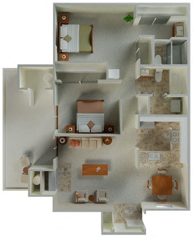 Floor plan for 2 beds, 2 baths, 964 sqft