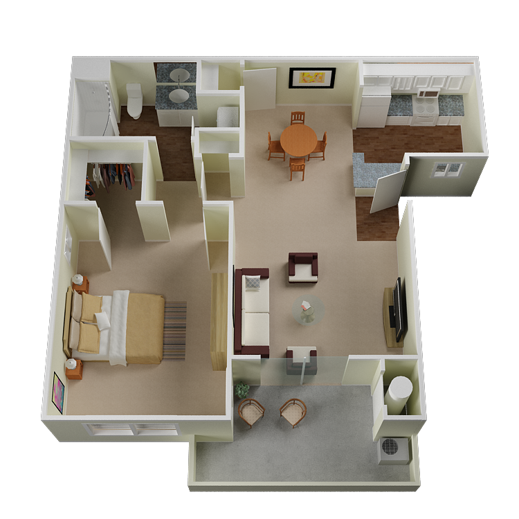 Floor plan for 1 bed, 1 bath, 750 sqft
