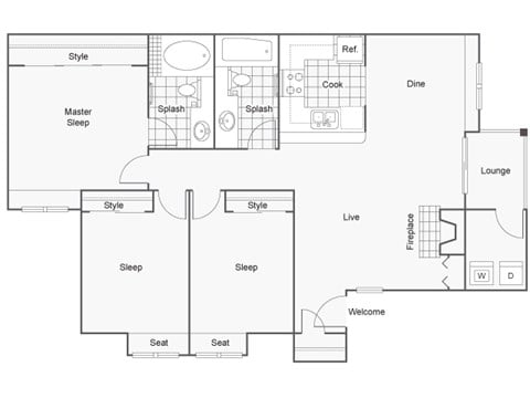 Floor plan for 3 beds, 2 baths, 1189 sqft