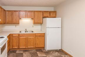 Sturgis apartment for rent - a kitchen with wooden cabinets and a white refrigerator