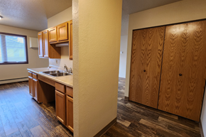 Jamestown apartment for rent - a kitchen with wooden cabinets and a sink and a wooden floor