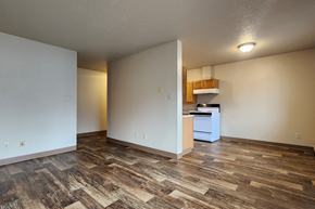 Jamestown apartment for rent - the living room and kitchen of an empty apartment with wood flooring
