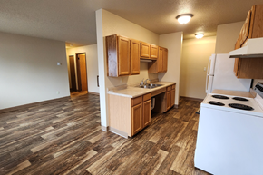 Jamestown apartment for rent - an empty kitchen with wood flooring in an apartment
