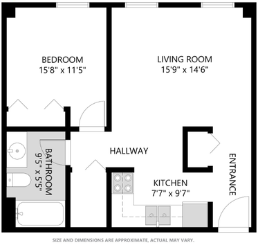 Floor plan for 1 bed, 1 bath, 575 sqft