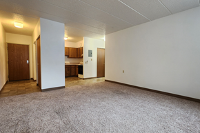 Jamestown apartment for rent - the living room and kitchen of an empty apartment with white walls