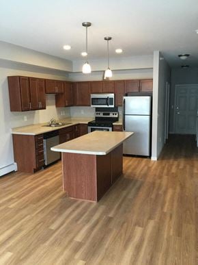 Jamestown apartment for rent - an empty kitchen with wooden floors and stainless steel appliances