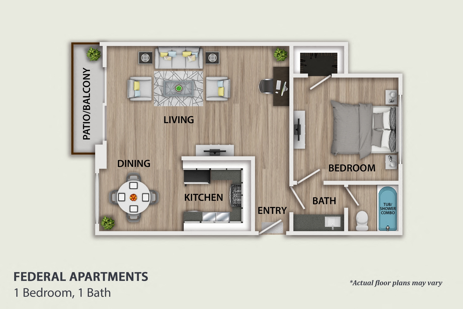 Floor plan for 1 bed, 1 bath, 800 sqft