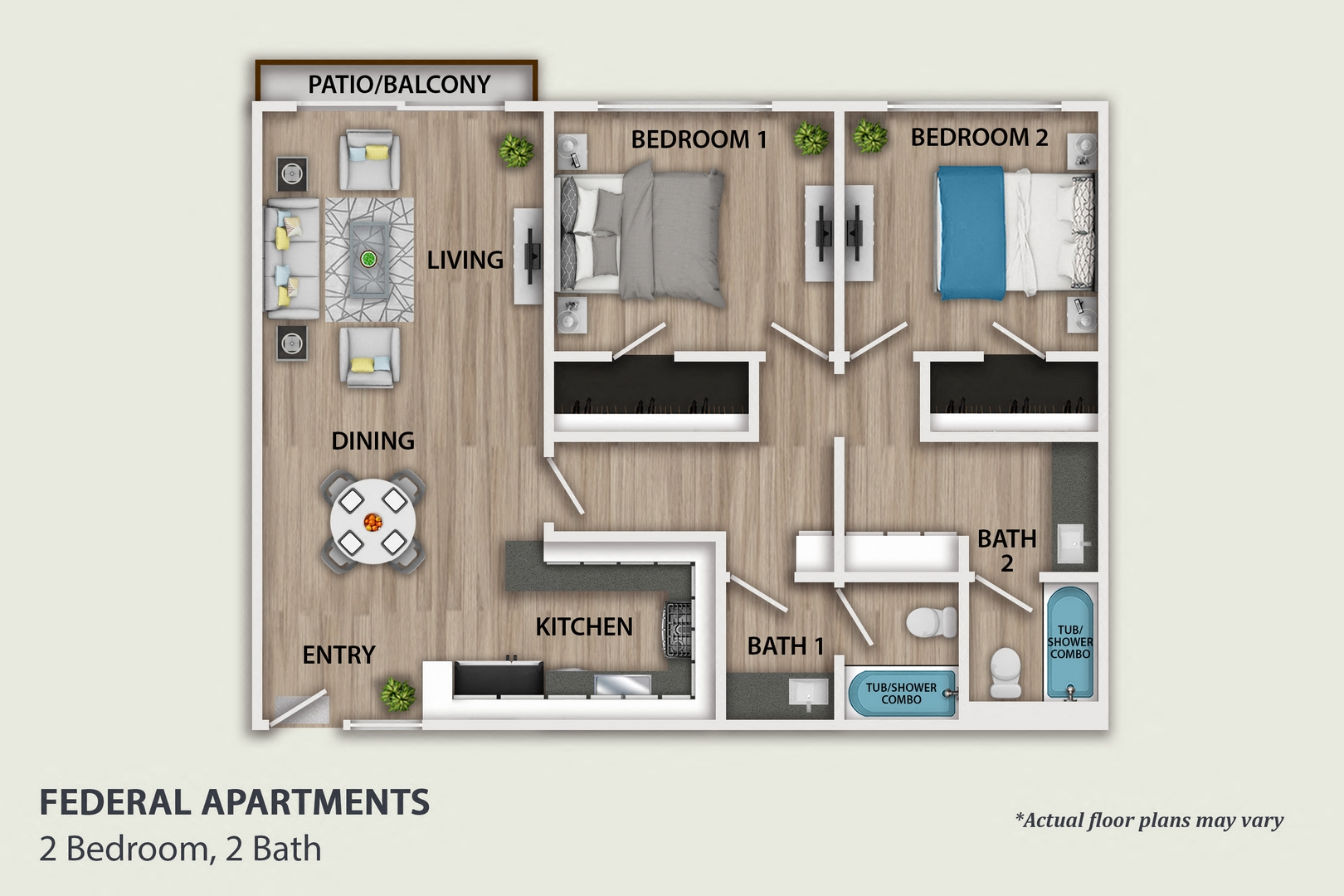 Floor plan for 2 beds, 2 baths, 950 sqft