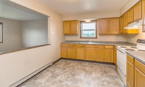 Dickinson apartment for rent - a kitchen with wooden cabinets and a stove and a sink