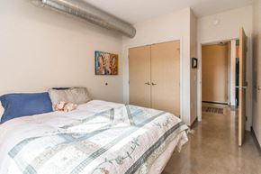 Minot apartment for rent - a bedroom with a bed and a dog