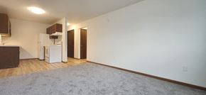 Devils Lake apartment for rent - an empty living room and kitchen with white walls and wood floors