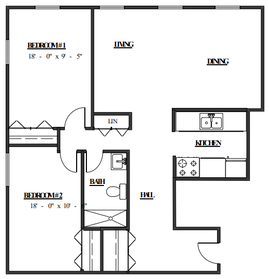 Floor plan for 2 beds, 1 bath, 800 sqft
