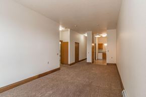 Devils Lake apartment for rent - an empty living room with carpet and white walls