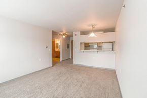 Dickinson apartment for rent - the living room and kitchen of an empty apartment with white walls and carpet
