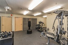Minneapolis apartment for rent - a gym with a treadmill and weights in a room with two doors