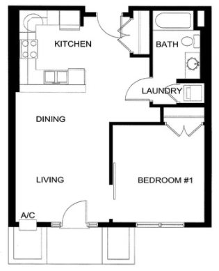 Floor plan for 1 bed, 1 bath, 660 sqft
