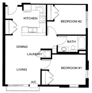 Floor plan for 2 beds, 1 bath, 833 sqft