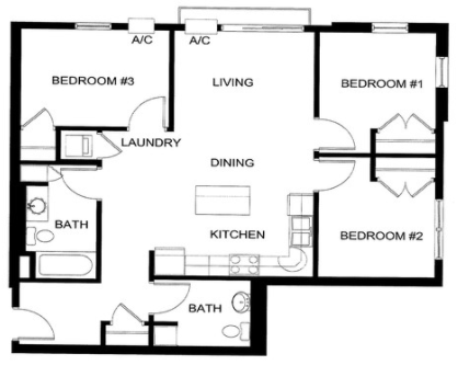 Floor plan for 3 beds, 1.5 baths, 1033 sqft