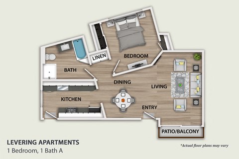 Floor plan for 1 bed, 1 bath, 750 sqft