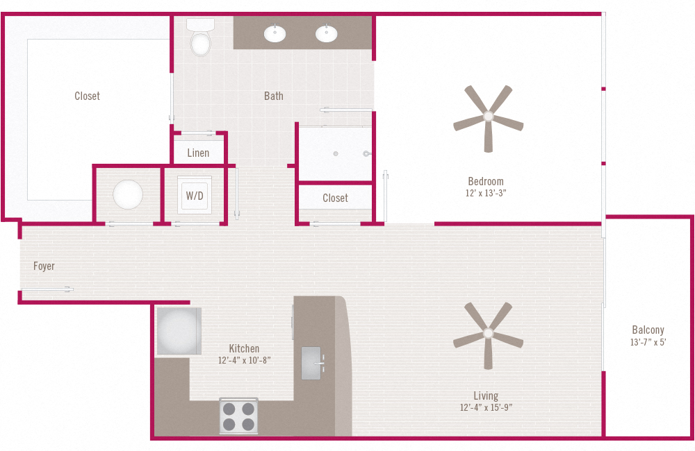 Floor plan for 1 bed, 1 bath, 840 sqft