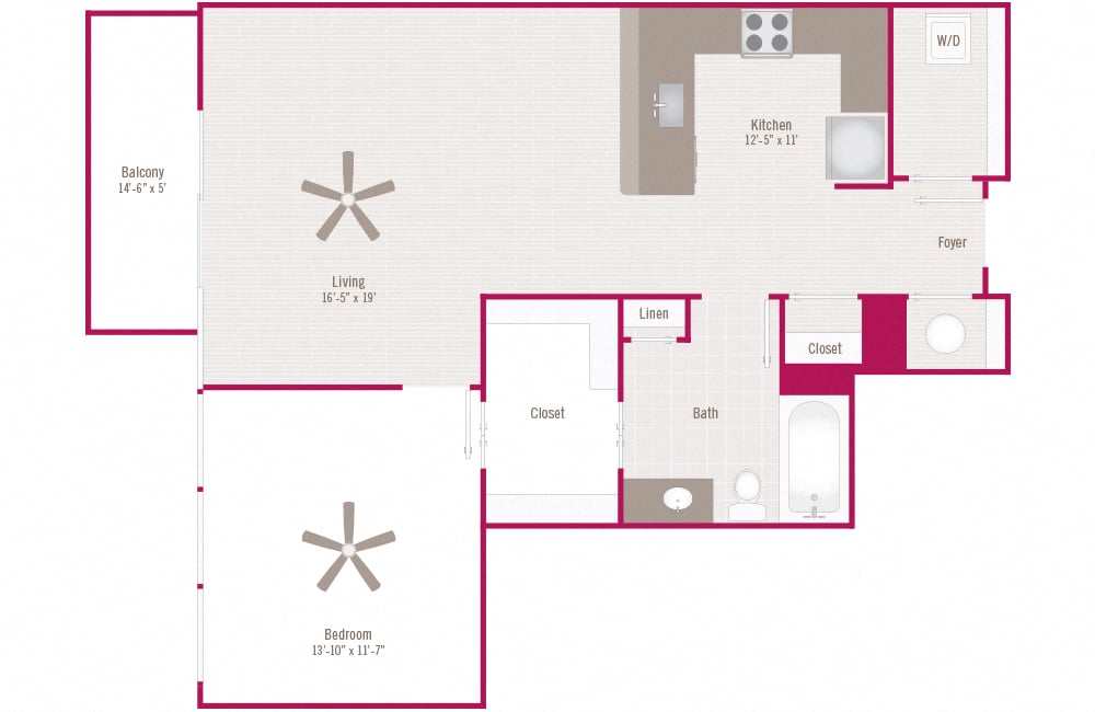 Floor plan for 1 bed, 1 bath, 889 sqft