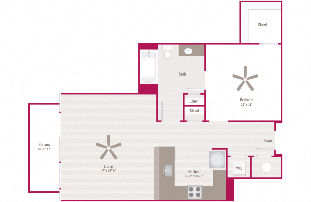 Floor plan for 1 bed, 1 bath, 844 sqft