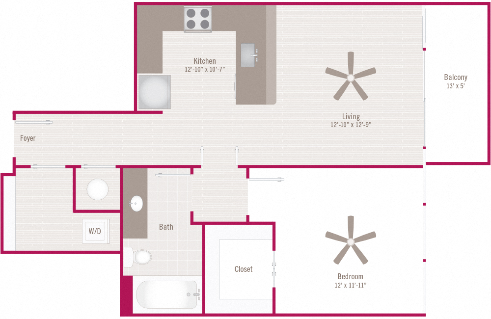 Floor plan for 1 bed, 1 bath, 755 sqft