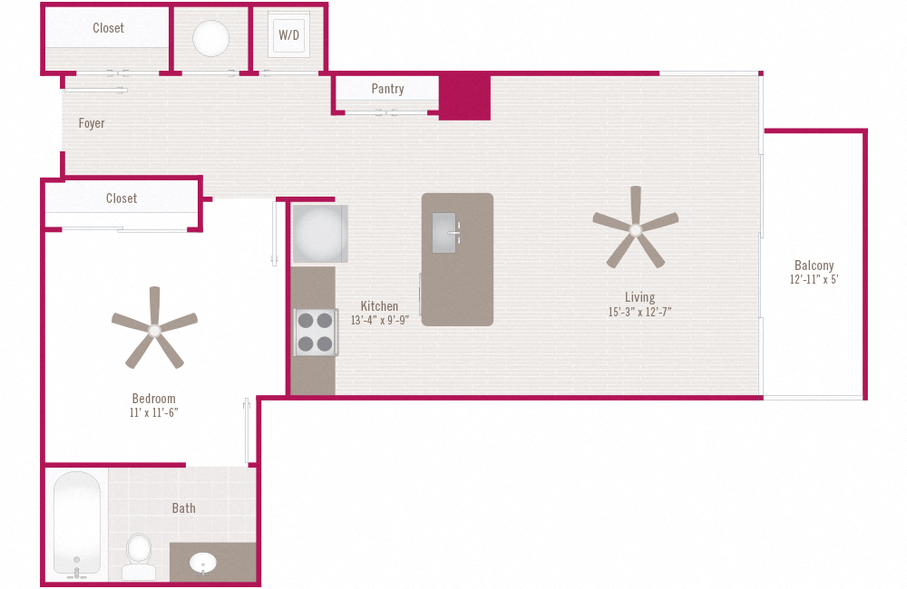 Floor plan for 1 bed, 1 bath, 703 sqft