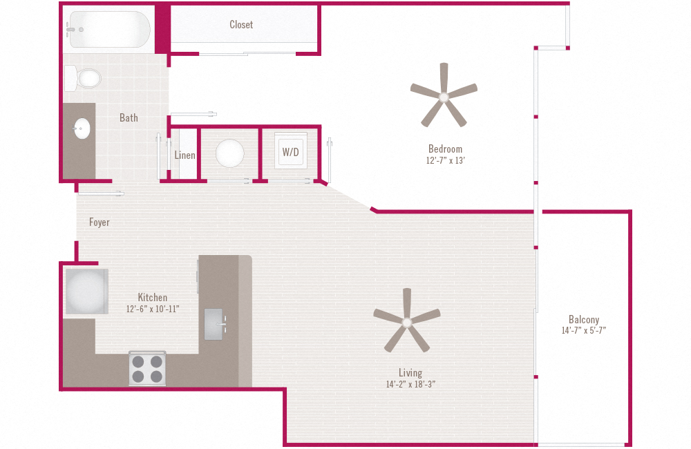 Floor plan for 1 bed, 1 bath, 789 sqft