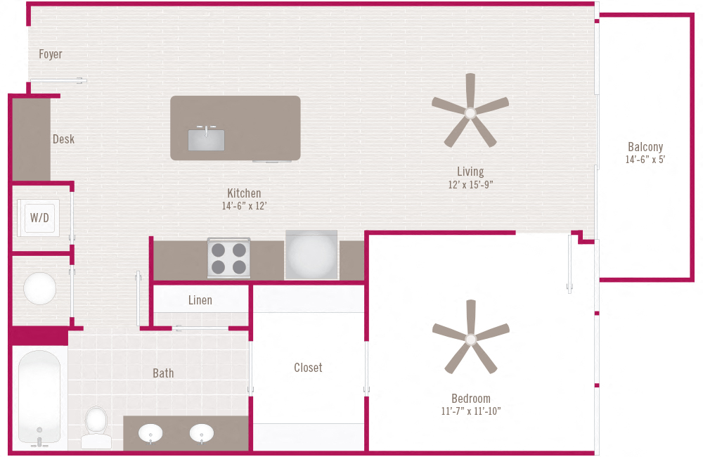 Floor plan for 1 bed, 1 bath, 784 sqft
